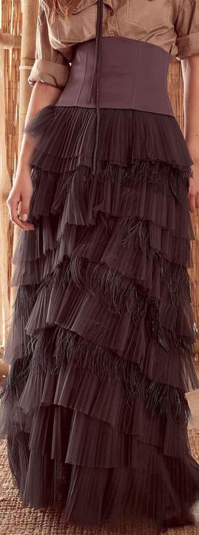Pleated Tulle Feather Flounces Long Skirt, Purple