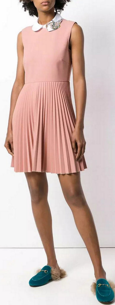 Embellished Collar Flared Pleated Dress, Pink
