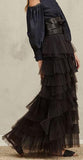 Pleated Tulle Feather Flounces Long Skirt, Black