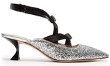 Glitter and Bow-Embellished Point-Toe Mules - Silver or Gold