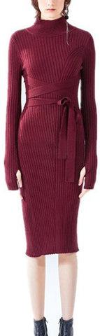 Ribbed Knit Tie-Belt Stretch Sweater-Dress