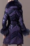 Chevron-Metallic-Paneled Fur-Trim Puffer Coat