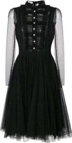 Black Lace & Mesh Long-Sleeve Knee-Length Dress