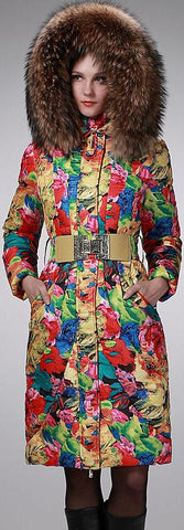 Floral Print Fox-Fur-Hooded Feather-Down Coat