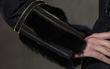 Belted Metallic-Lace-Paneled Puffer Coat with Fox Fur Trim