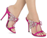 Satin Mule Sandals with Crystals - Nude, Fuchsia Pink, Black or Light Blue