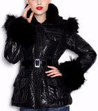 Fur-Trim Glossy Puffer Jacket, Black