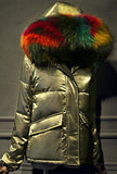 Rainbow Fur-Hooded Puffer Jacket - Champagne, Black, Blue or White