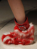Patent Leather Buckled Fur Boots, Red & White