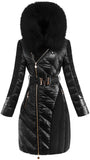 Belted Black Paneled Puffer Coat with Fur Hood