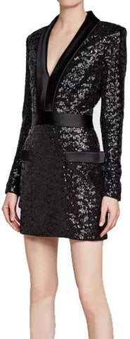 Black Satin-Trim Sequin Mini Dress