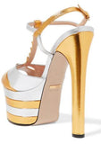 Studded Two-Tone Metallic Leather Platform Sandals