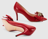 Leather Mid-Heel Pump with Bow - Black, Red, White