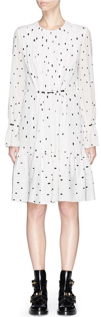 Spot Print Pintuck Silk Crepe Peplum Dress