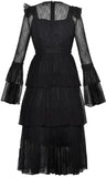Lace-Tiered Long Sleeve Midi Dress, Black