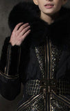 Belted Metallic-Lace-Paneled Puffer Coat with Fox Fur Trim