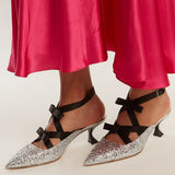 Glitter and Bow-Embellished Point-Toe Mules - Silver or Gold
