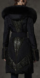 Belted Metallic-Lace-Paneled Puffer Coat with Fox Fur Trim