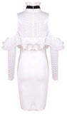Ruffle Cold-Shoulder High-Neck Stretch Mini Dress