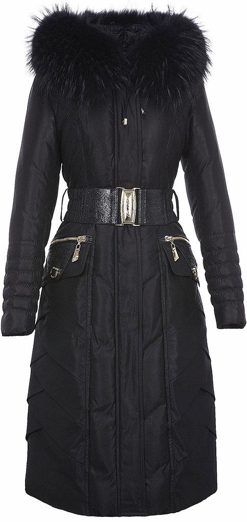 Belted Black Fur-Hooded Feather Down fill Coat