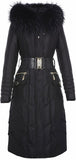 Belted Black Fur-Hooded Feather Down fill Coat