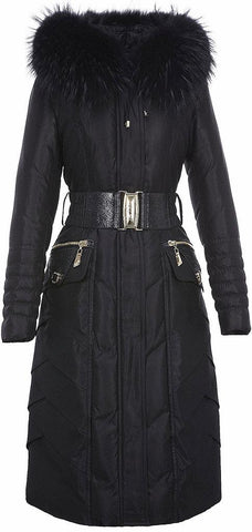 Belted Black Fur-Hooded Feather Down fill Coat