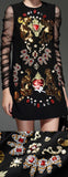 Black Sheer-Sleeved Applique-Embellished Shift Dress