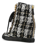 Tweed Lace-Up Wedged Boots - Multi or Black & White
