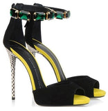 Black Suede Emerald Stone Ankle Strap Sandals