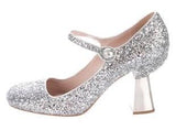 Silver Glitter and Mirror Mid Heel Mary Jane Pumps