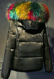 Rainbow Fur-Hooded Puffer Jacket - Champagne, Black, Blue or White