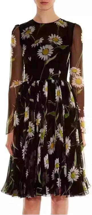 Black Daisy-Printed Chiffon Dress