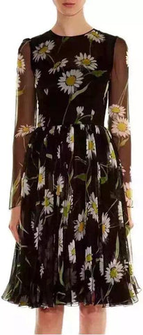 Black Daisy-Printed Chiffon Dress