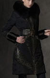 Belted Metallic-Lace-Paneled Puffer Coat with Fox Fur Trim