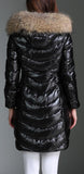 Black Paneled Puffer Coat with Fur Hood