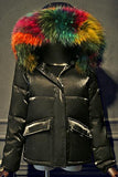 Rainbow Fur-Hooded Puffer Jacket - Champagne, Black, Blue or White