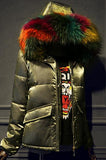 Rainbow Fur-Hooded Puffer Jacket - Champagne, Black, Blue or White