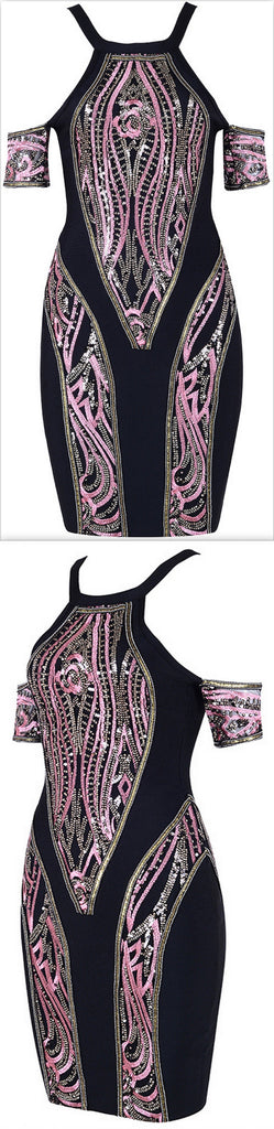 Sequin Embroidered Cold-Shoulder Bandage Mini Dress
