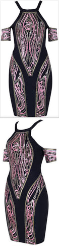 Sequin Embroidered Cold-Shoulder Bandage Mini Dress