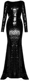 Long-Sleeve Sequin-Embellished Gown, Black