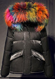 Rainbow Fur-Hooded Puffer Jacket - Champagne, Black, Blue or White