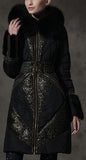 Belted Metallic-Lace-Paneled Puffer Coat with Fox Fur Trim
