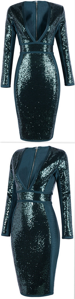 Emerald Green Sequin-Embellished Stretch V-Neck Dress