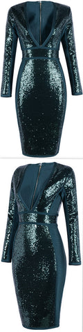 Emerald Green Sequin-Embellished Stretch V-Neck Dress