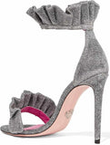 'Antoinette' Ruffle-Trimmed Textured-Lam̩ Sandals, Metallic Silver | DESIGNER INSPIRED FASHIONS