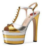 Studded Two-Tone Metallic Leather Platform Sandals