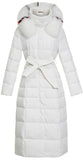 Striped-Fur-Hooded Long Puffer Coat,  White