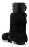 Patent Leather Buckled Fur Boots, Black
