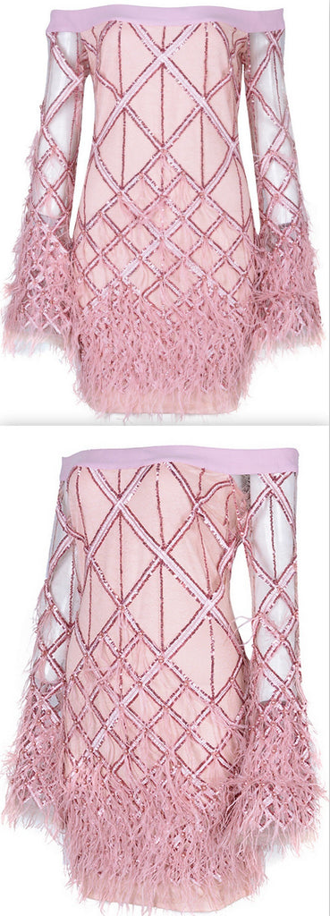 Feather-Embellished Off-the-Shoulder Mini Dress