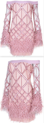 Feather-Embellished Off-the-Shoulder Mini Dress